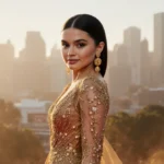 Selena Gomez poses on the Golden Globes red carpet with shimmering amber gown and golden jewelry glowing under lights