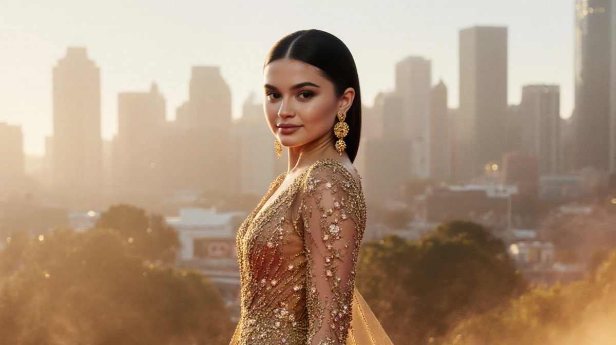 Selena Gomez poses on the Golden Globes red carpet with shimmering amber gown and golden jewelry glowing under lights