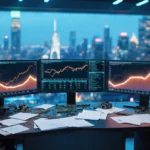 Scientist analyzes semiconductor market data on monitors with circuit boards and documents scattered across futuristic lab de
