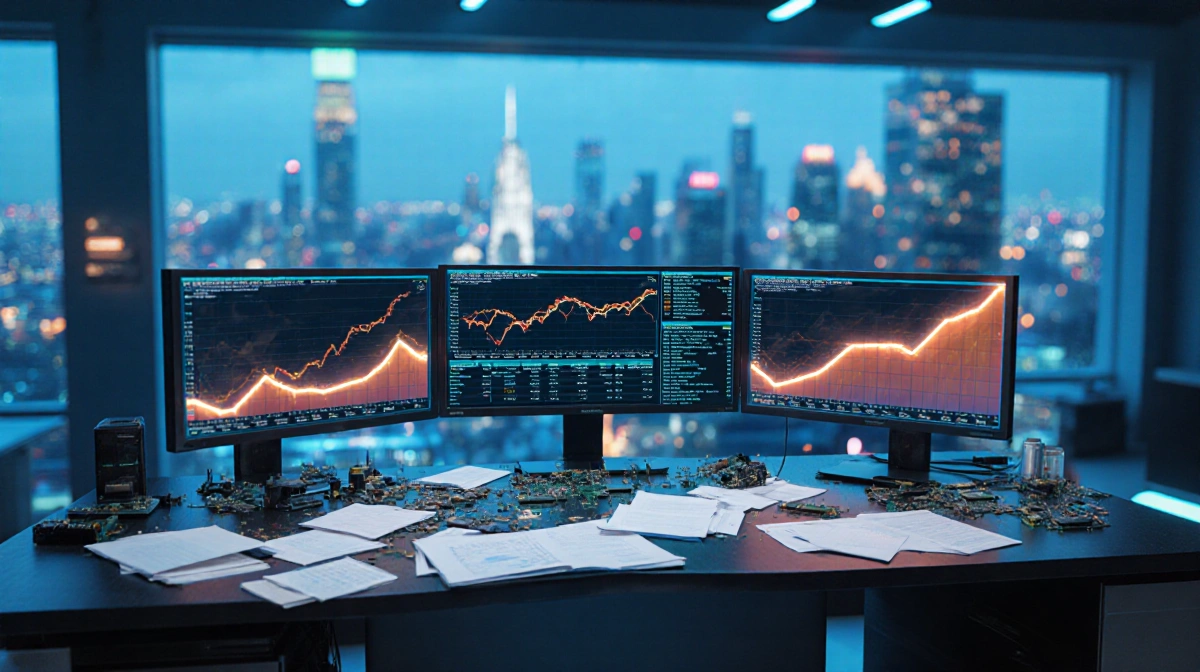 Scientist analyzes semiconductor market data on monitors with circuit boards and documents scattered across futuristic lab de
