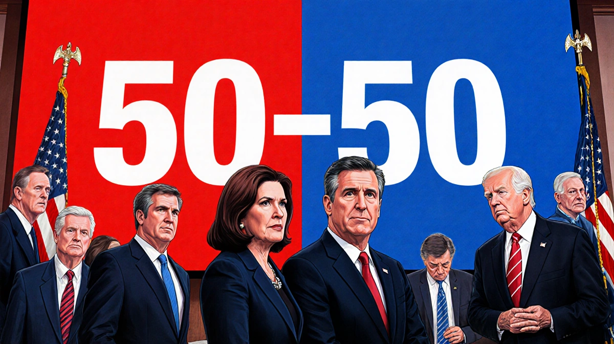 Senators Rand Paul Lisa Murkowski and Susan Collins standing together with 50-50 vote split showing red and blue division