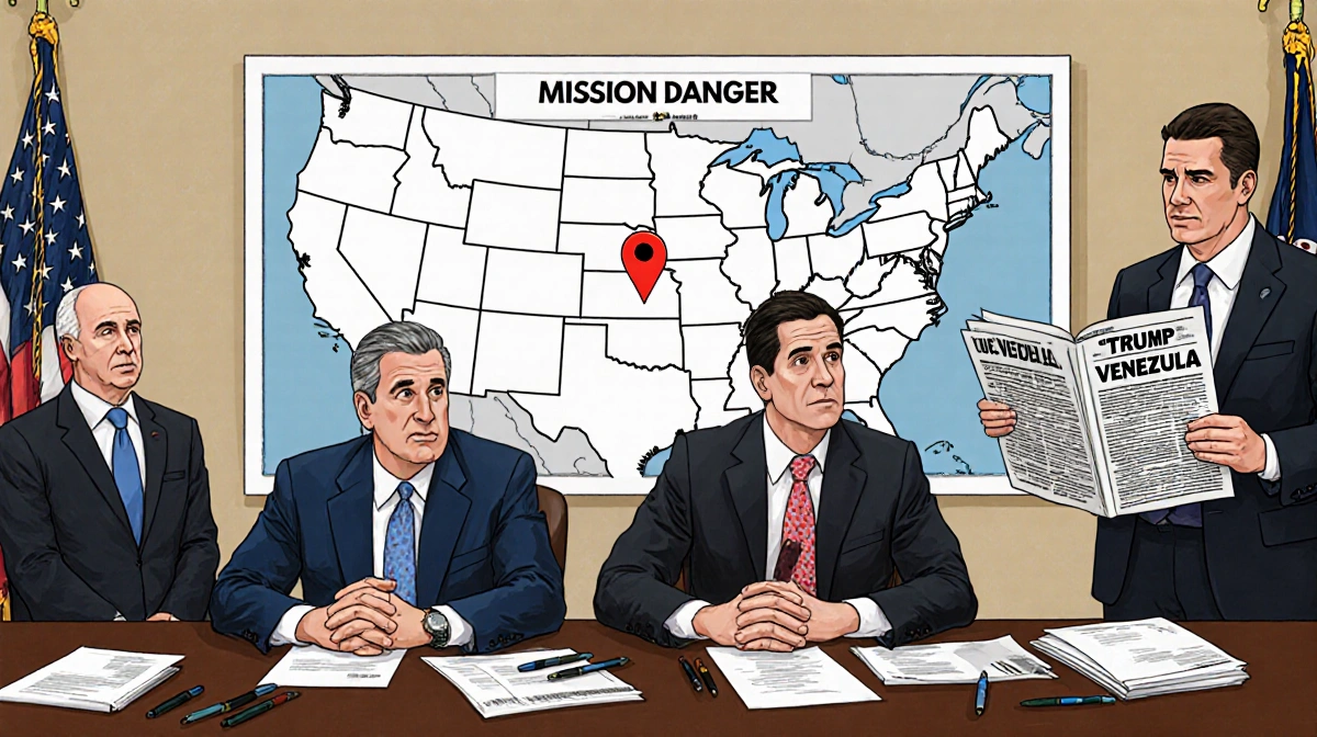 Senators Schumer and Jeffries sit at a table with a U.S. map showing a red pin on Venezuela and Rubio holding a newspaper.