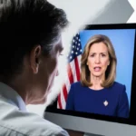 Senator studies deepfake video on screen with alarmed expression and tech company logos visible