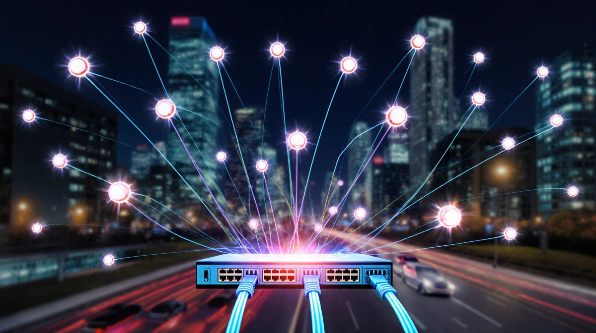 Glowing sensor orbs stream data to central processor with cables against blurred cityscape illustrating connectivity.