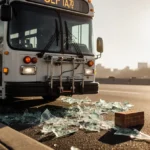 SEPTA bus with shattered windshield glass and brick on asphalt while tow truck pulls it away