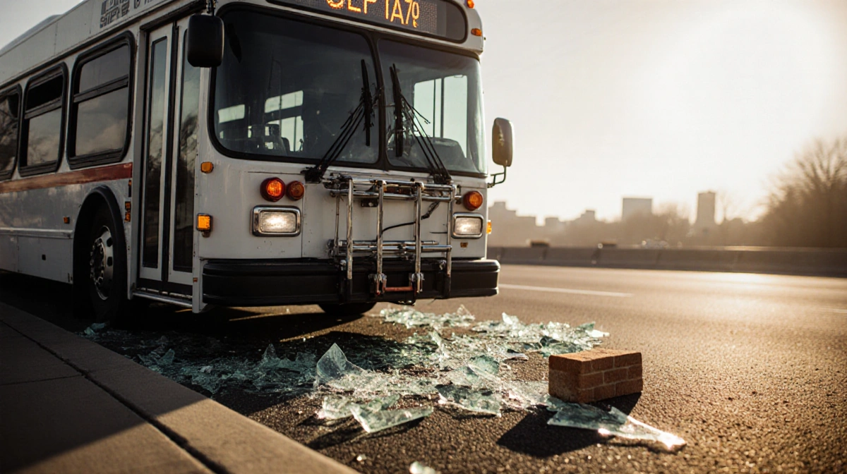 SEPTA bus with shattered windshield glass and brick on asphalt while tow truck pulls it away