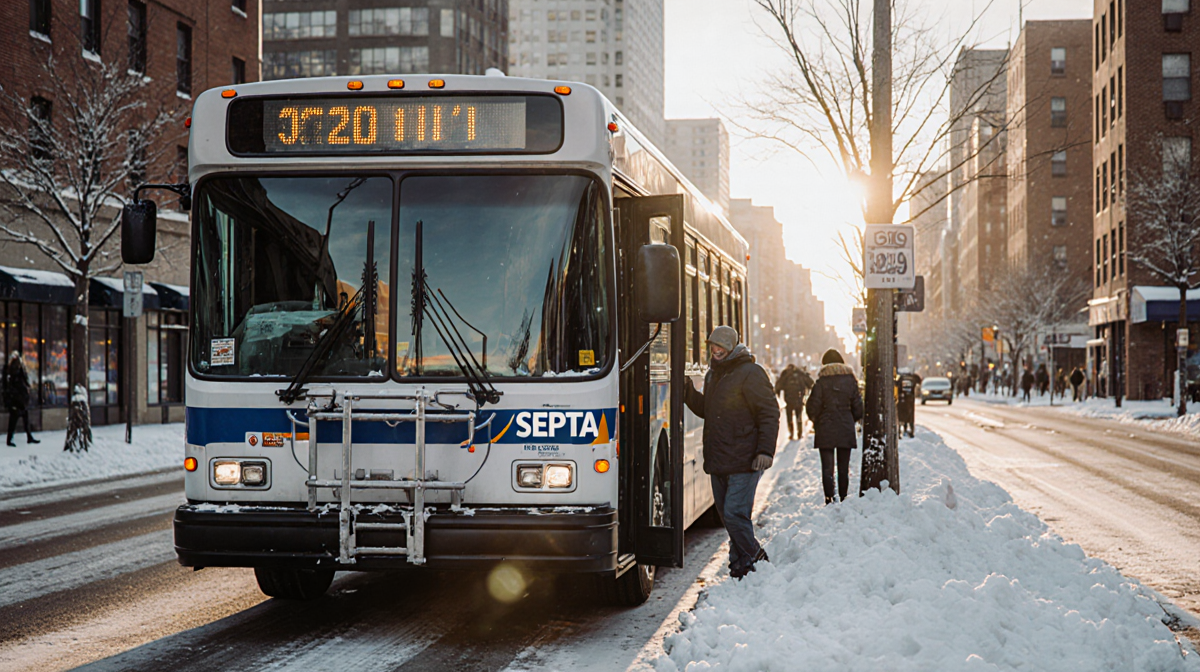 SEPTA bus unloading passengers with snow-covered streets and early morning light in Philadelphia.