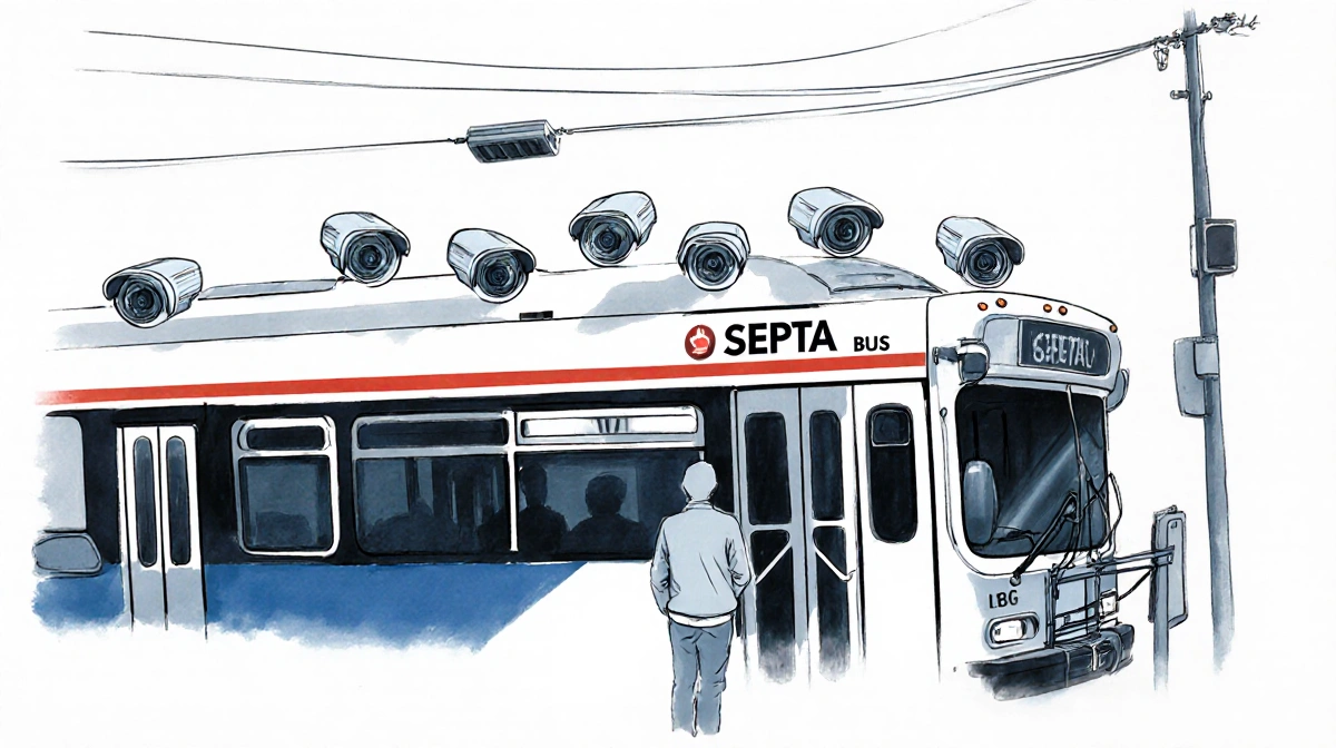 SEPTA bus drives past stop with security cameras mounted on sides and blurred figure watching