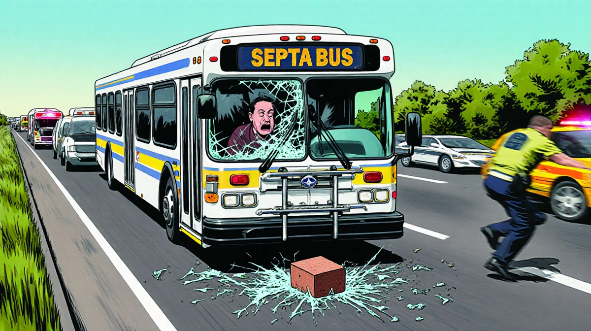 SEPTA bus speeds down I-76 with shattered windshield and emergency responders rushing to the scene