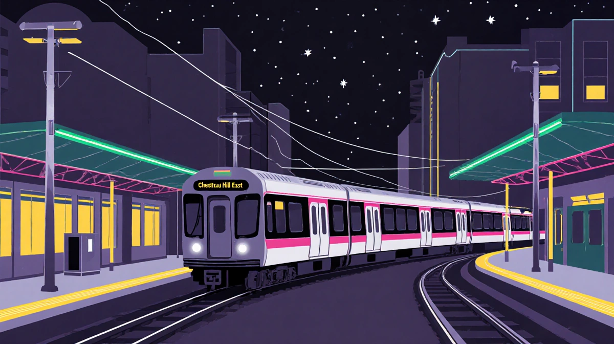 Train departing from Chestnut Hill on SEPTA Chestnut Hill East Line with neon accents New Year's Eve