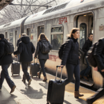 SEPTA train arriving at commuter station with passengers boarding under warm natural light and snow-covered branches outside