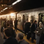 Commuters exit packed SEPTA train with morning light streaming through windows and passengers holding coffee cups