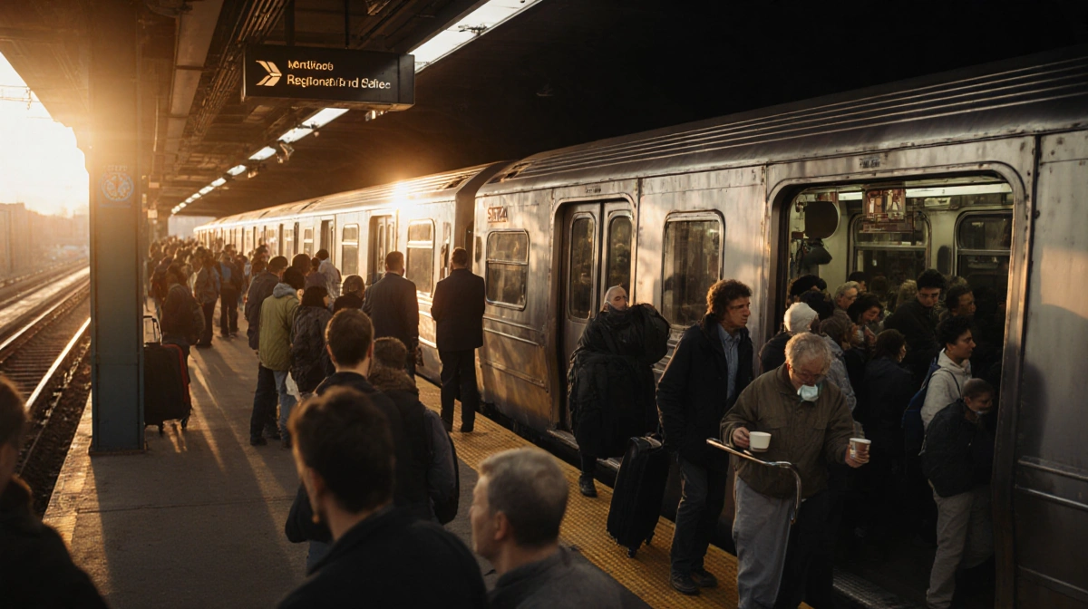 Commuters exit packed SEPTA train with morning light streaming through windows and passengers holding coffee cups
