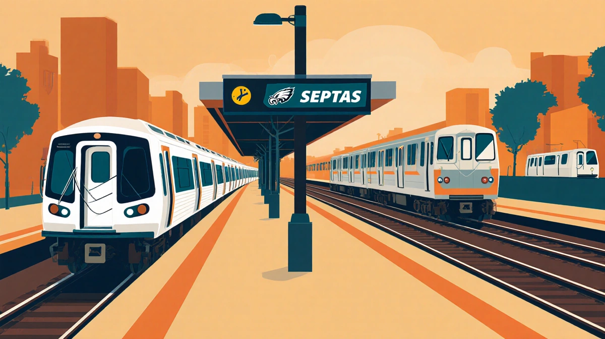 SEPTA train arriving at Fern Rock station with Sports Express Eagles sign and clock showing noon and 4pm warm energetic scene