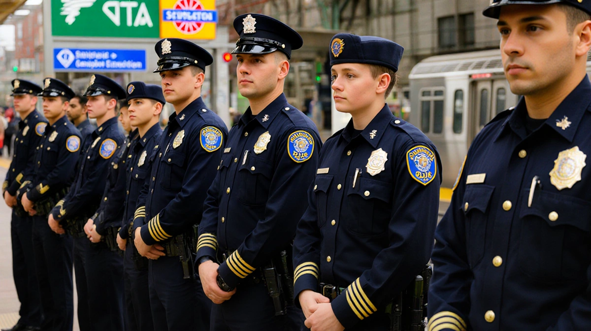 SEPTA officers standing in line with cadets on platform showing badges and holstered firearms