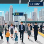 Diverse commuters walk through SEPTA station with police officers nearby and city skyline visible