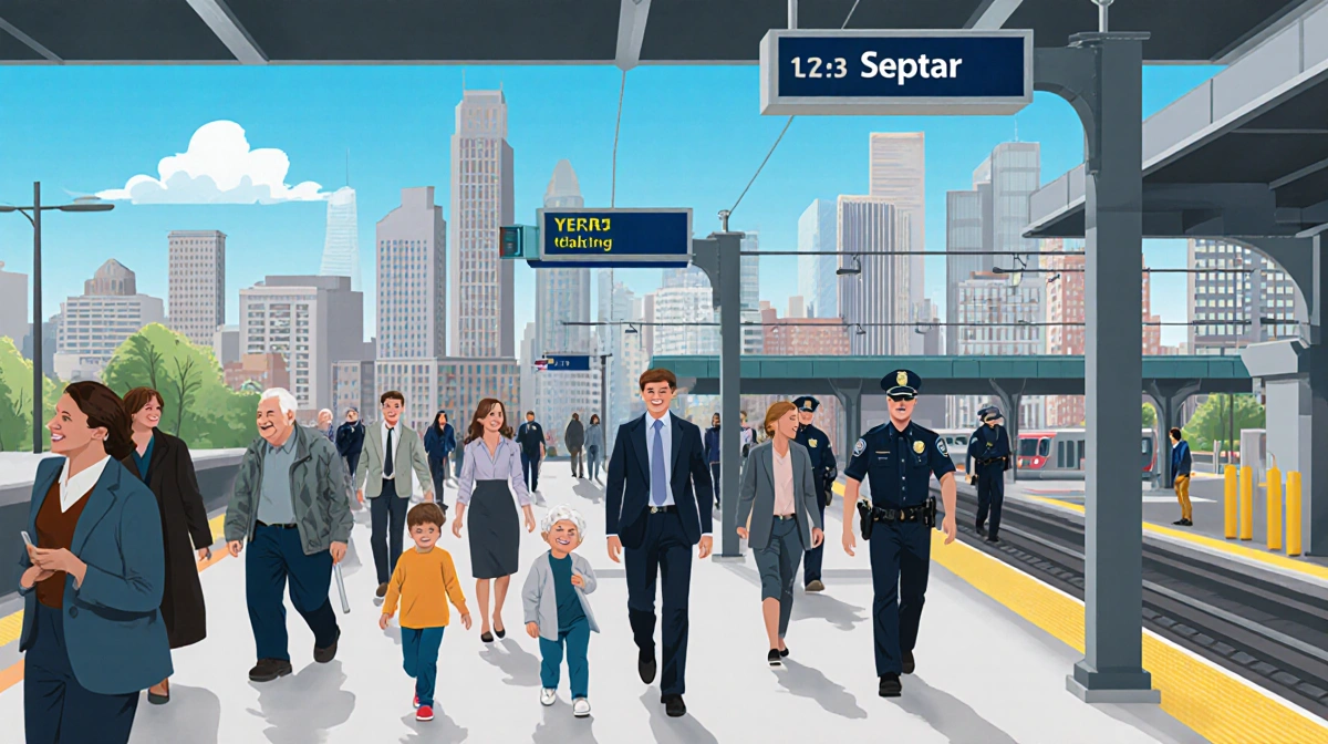 Diverse commuters walk through SEPTA station with police officers nearby and city skyline visible