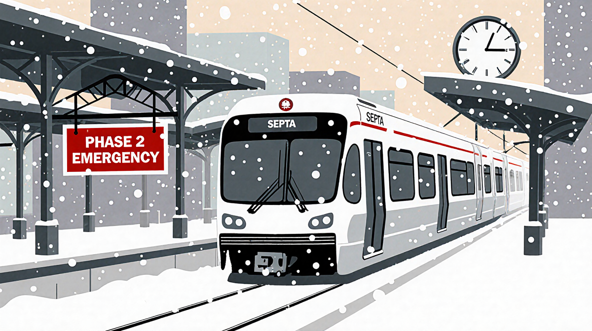 SEPTA train pulling into station with snowflakes falling and a Phase 2 banner displayed while a clock shows Tuesday 10:00 AM.