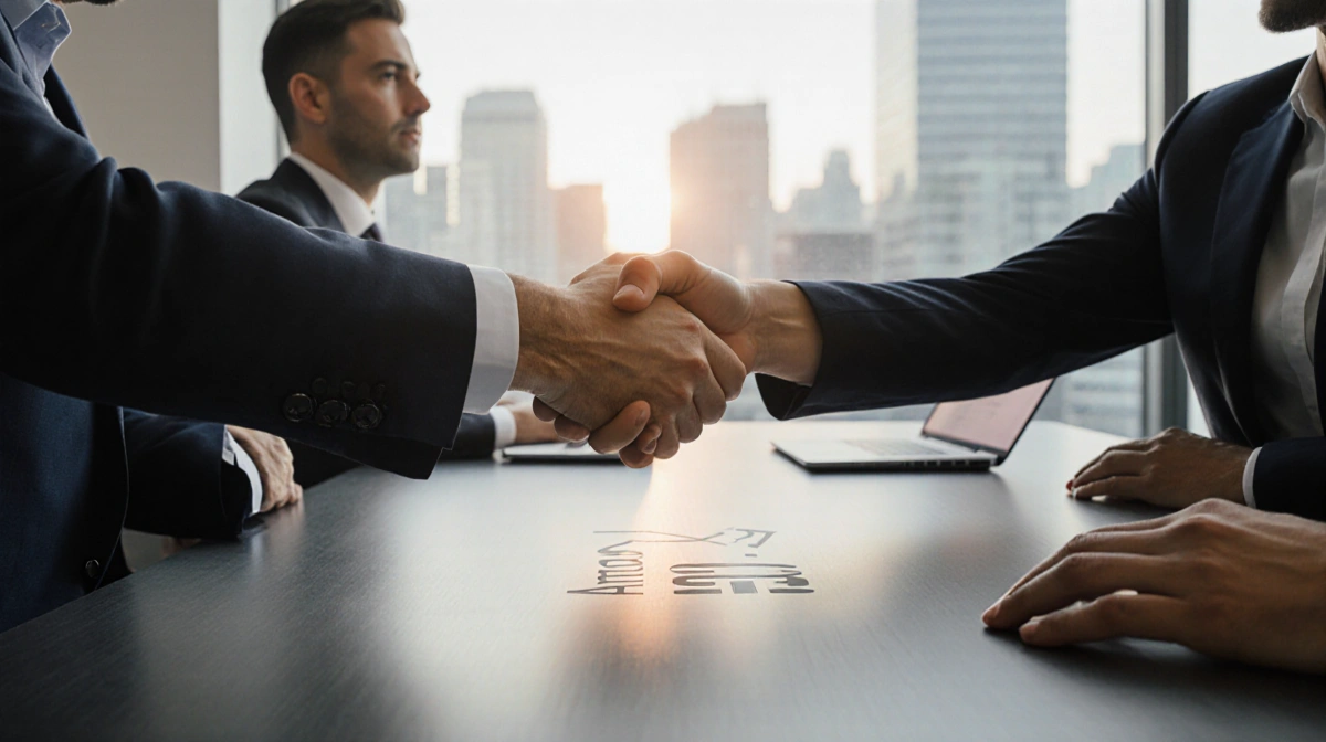 Sequoia CEO and Anthropic founder shaking hands at conference table with Anthropic logo and city skyline behind