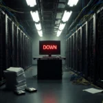 Server room with red DOWN message glowing on central monitor and cables spilling across floor