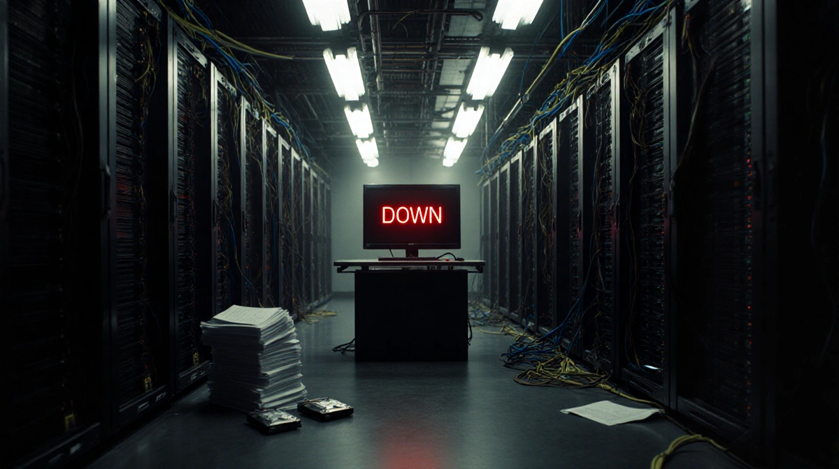 Server room with red DOWN message glowing on central monitor and cables spilling across floor