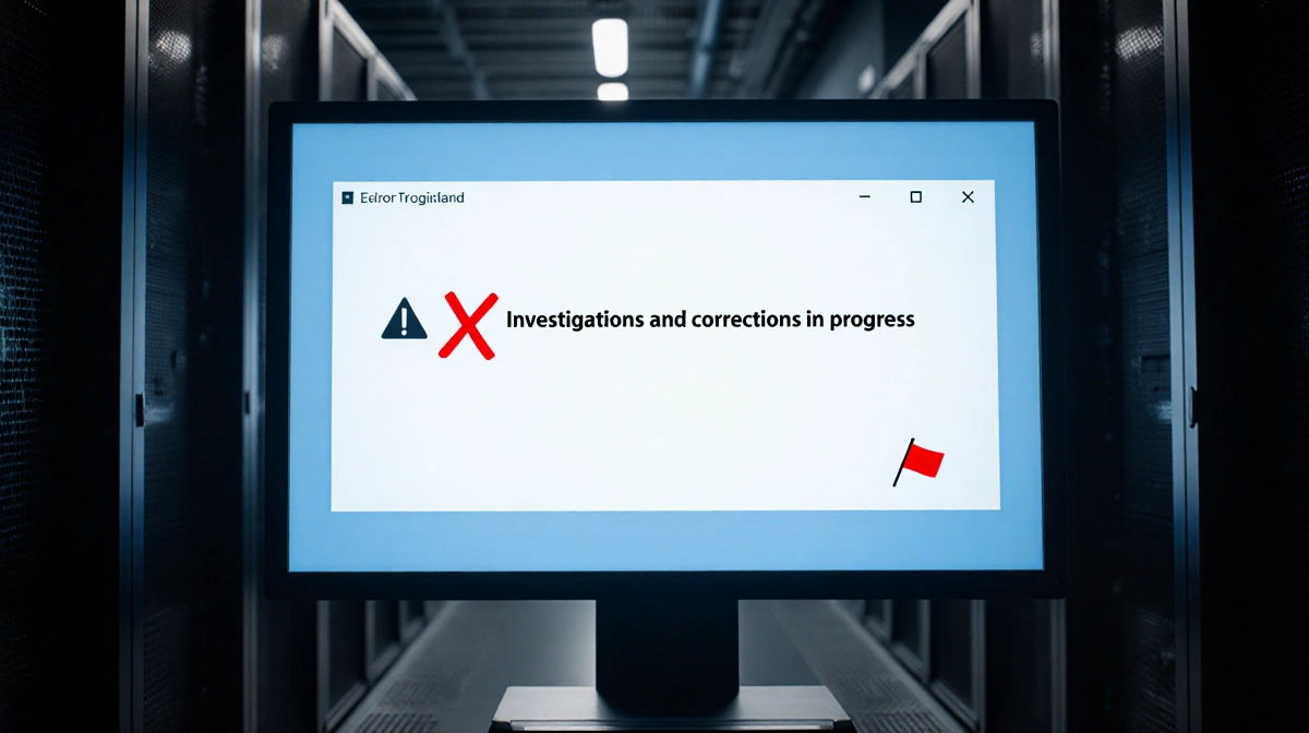 Computer terminal displaying Investigations and corrections in progress with dim background and faint X