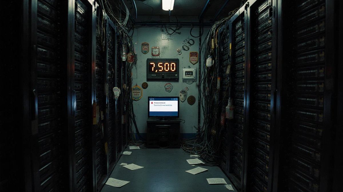 Flickering monitor shows service unavailable error in dim server room with tangled cables and old thermostat