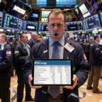 Investor holding tablet with Shadowfax IPO details and worried expression amid blurred stock market chaos.