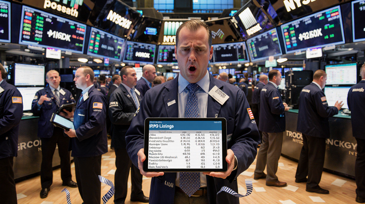 Investor holding tablet with Shadowfax IPO details and worried expression amid blurred stock market chaos.
