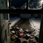 Shattered window frames snow-covered driveway with open door spilling NASCAR memorabilia onto lawn