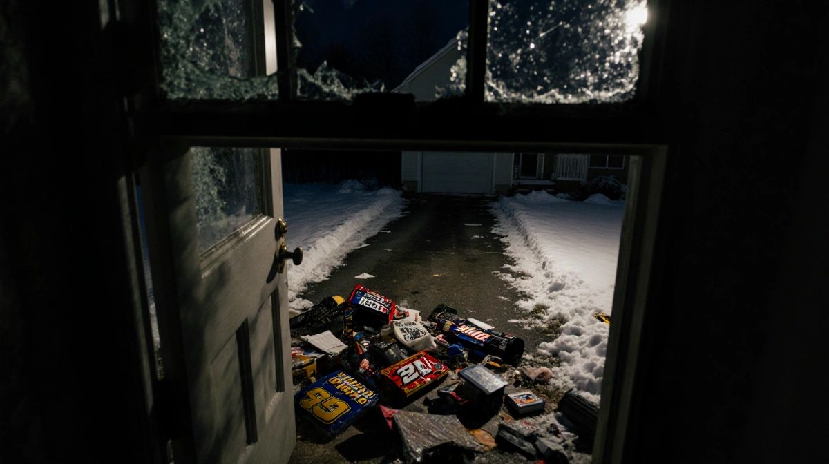 Shattered window frames snow-covered driveway with open door spilling NASCAR memorabilia onto lawn