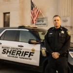Sheriff Danny Ceisler stands beside his Bucks County patrol vehicle with the terminated 287G Program sign and American flag b