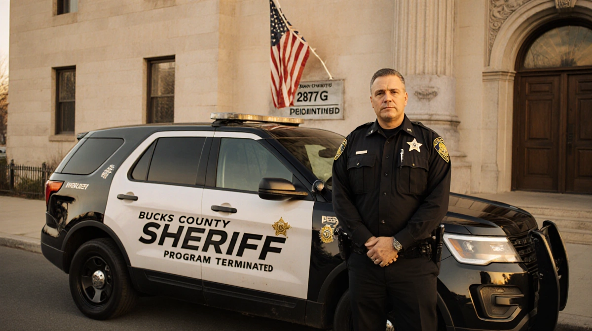 Sheriff Danny Ceisler stands beside his Bucks County patrol vehicle with the terminated 287G Program sign and American flag b