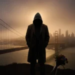 Silhouette of a man standing with a bouquet of flowers at his feet and the Golden Gate Bridge behind in fog