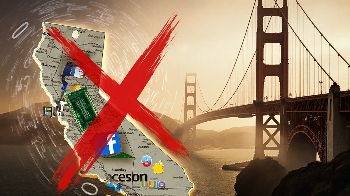 California map with red X over Silicon Valley swirls with tech logos and broken circuit boards near Golden Gate Bridge