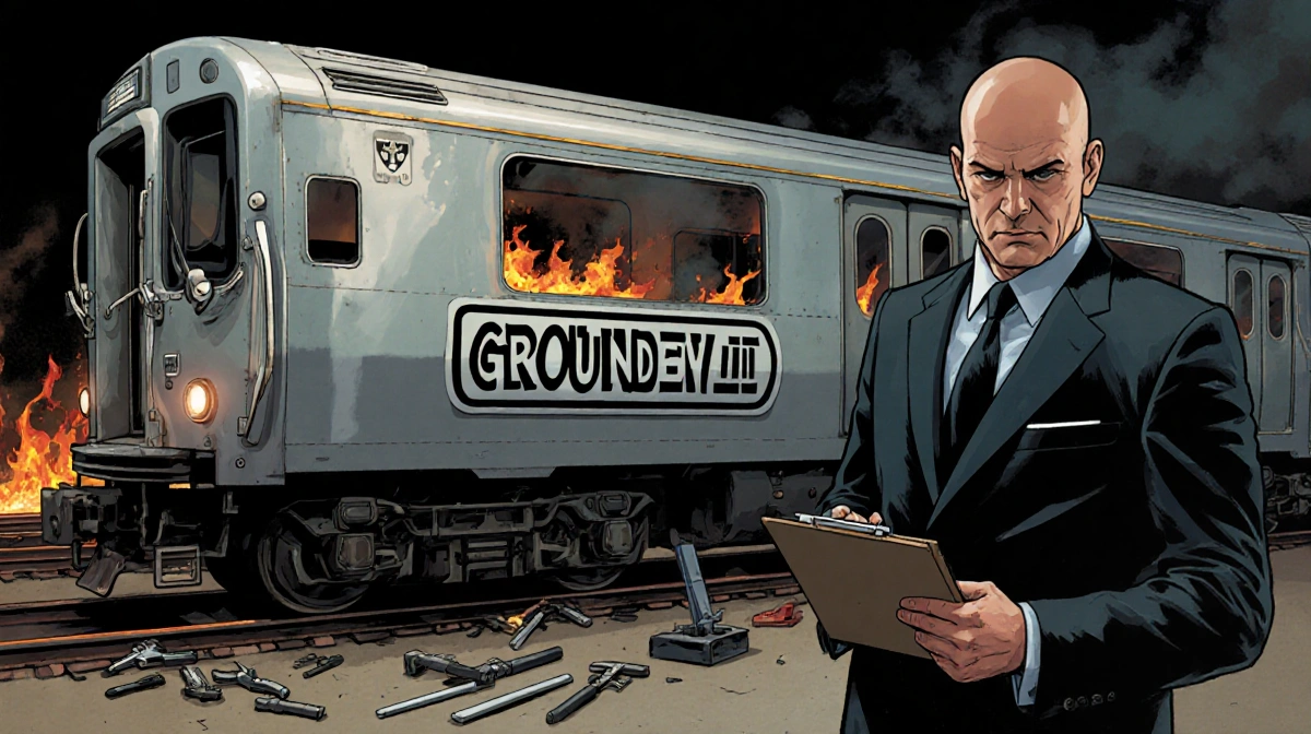 Railroad inspector checks Silverliner IV car with grounded sign and clipboard while smoke rises from nearby tracks