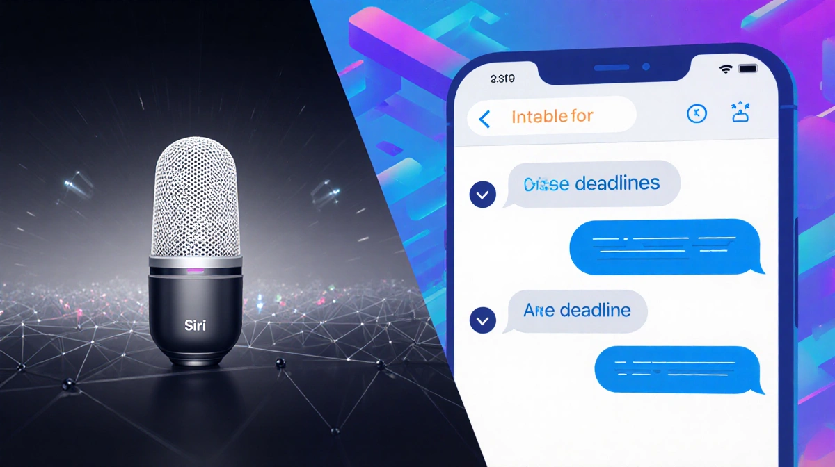 Split screen showing outdated Siri icon fading with missed deadlines and futuristic AI chatbot interface with vibrant colors