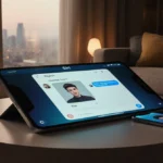 Siri responding in chat window on circular screen with smartphone glowing and city view through window