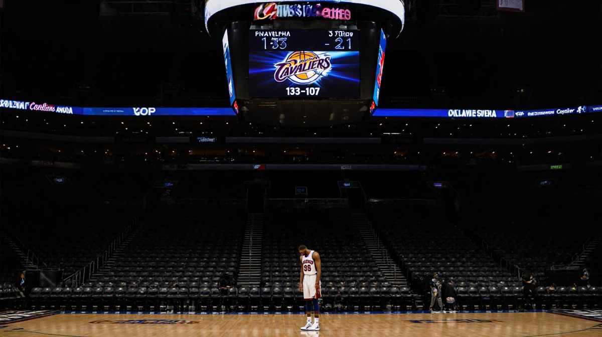 Lone Sixers player stands defeated in empty arena with scoreboard showing 133-107 loss
