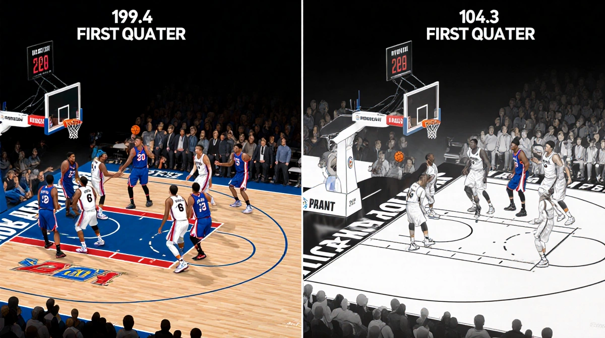 Sixers defenders tighten paint with dark backdrop and fierce stance while fourth quarter lineup brightens into organized defe