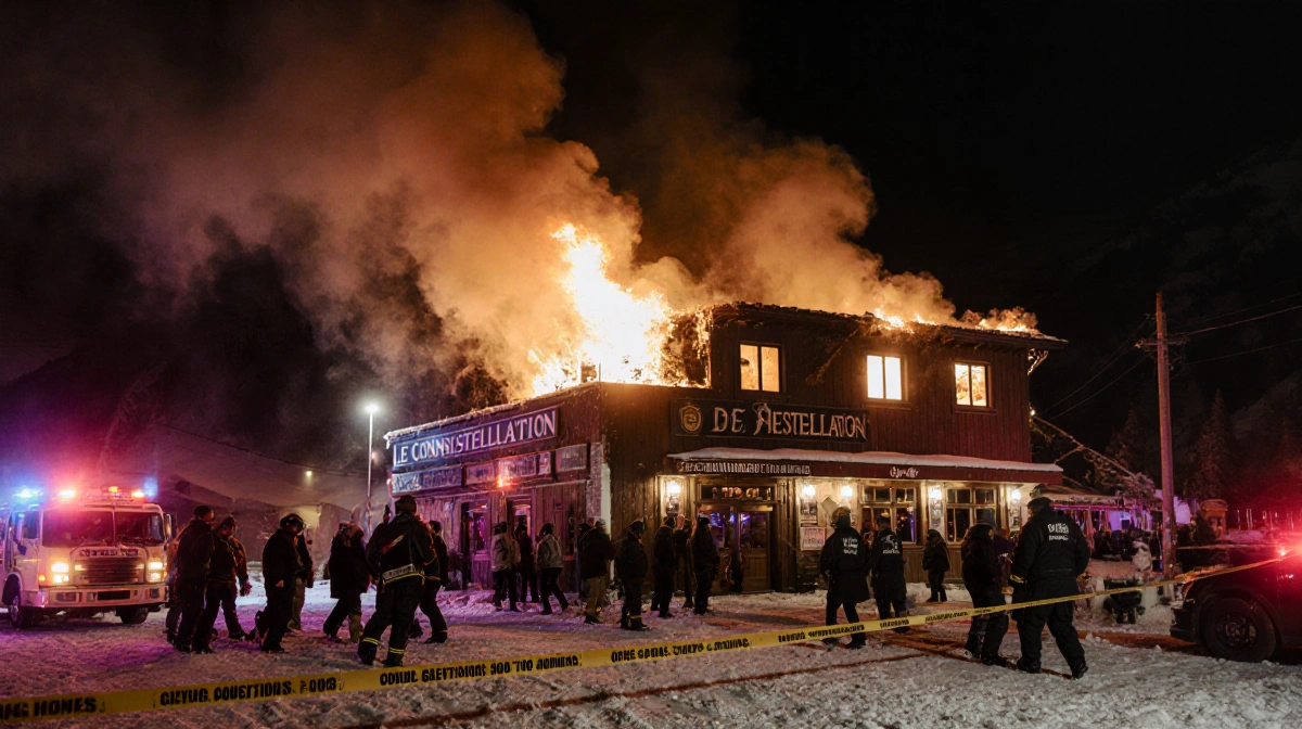 Patrons evacuating the Le Constellation bar with flames licking windows and smoke billowing out