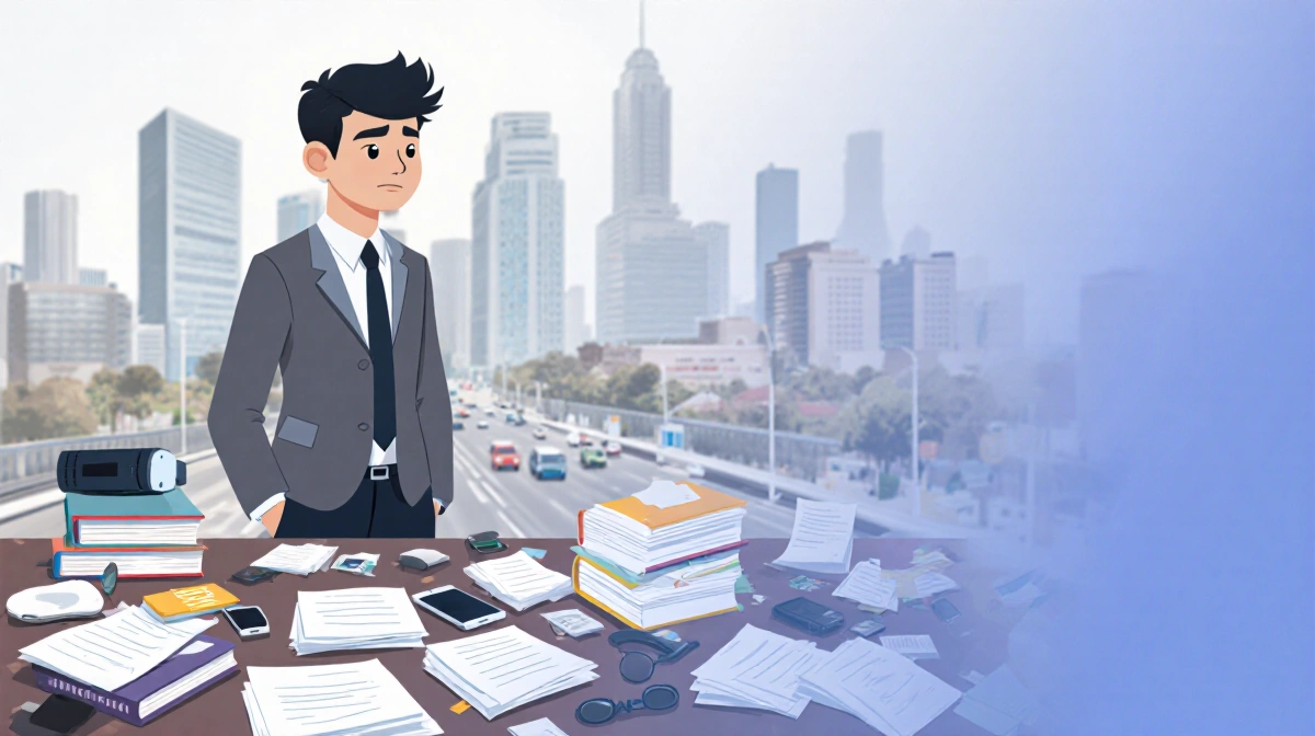 Young professional standing at cluttered desk with papers and gadgets showing skills gap in blurred cityscape
