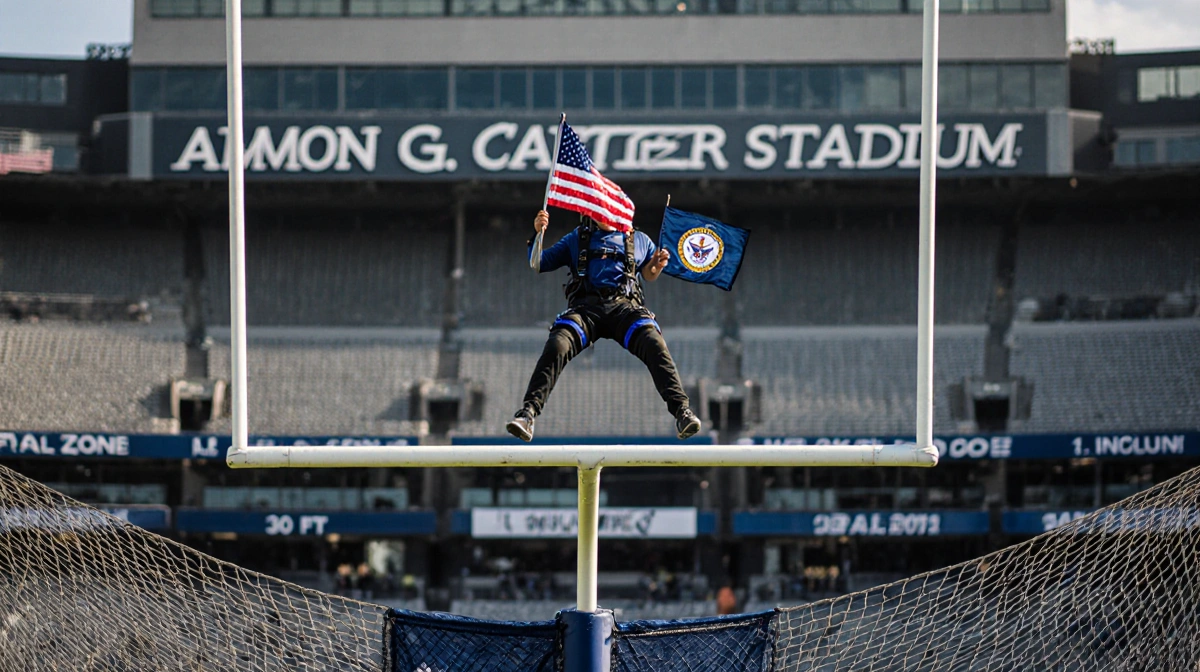 Skydiver hanging mid-air at Amon G Carter Stadium with U.S. Navy flag and netting pulling upward