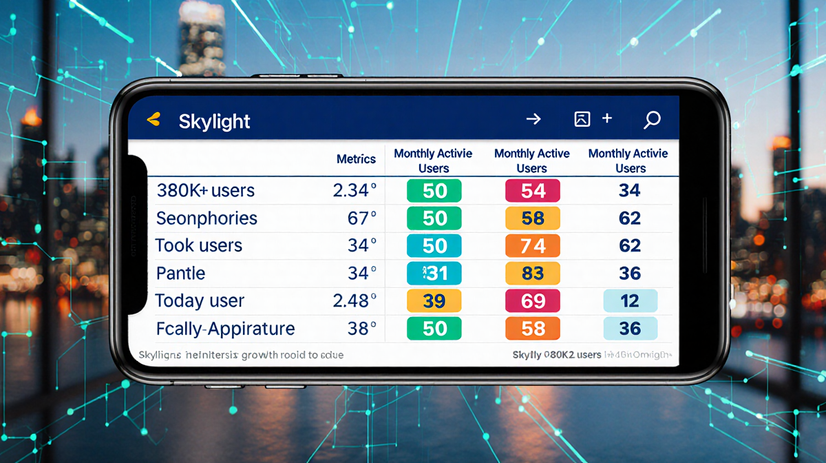 Infographic table presenting Skylight growth metrics with a modern smartphone background and colorful icons.