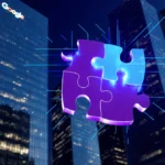 Glowing puzzle piece clicking into place with neon energy lines connecting to futuristic skyscrapers and digital cityscape