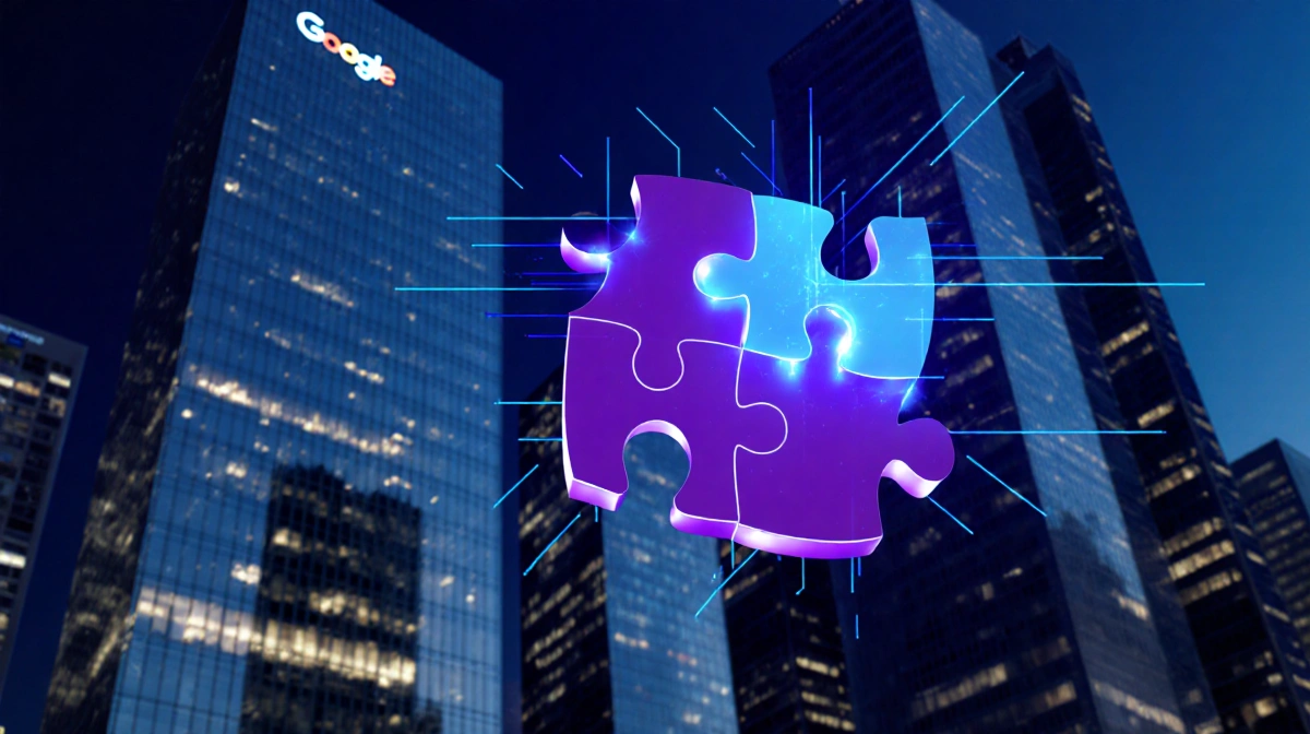 Glowing puzzle piece clicking into place with neon energy lines connecting to futuristic skyscrapers and digital cityscape