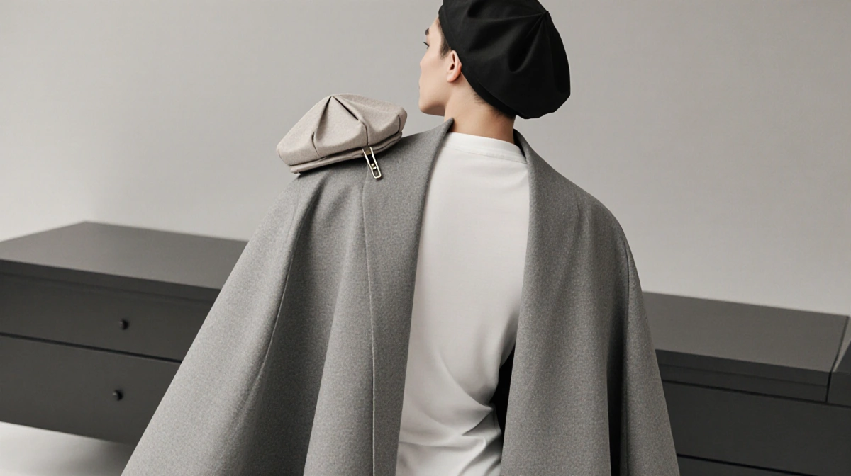 Slim car coat with exaggerated cuffs and origami beret clipped to shoulder draped over fitted white dress shirt with back but