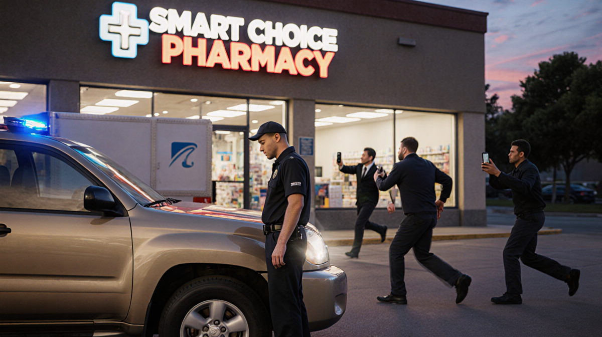 Three men fleeing from pharmacy robbery with driver beside gold Toyota blocking view