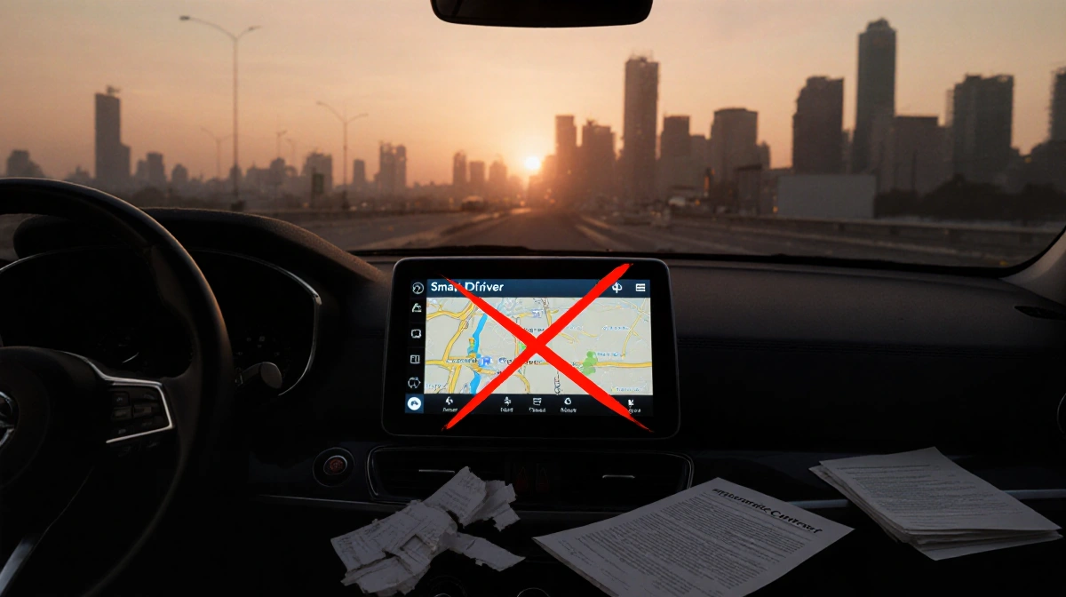 Smart driver interface shows red X with broken contracts and papers scattered on dashboard