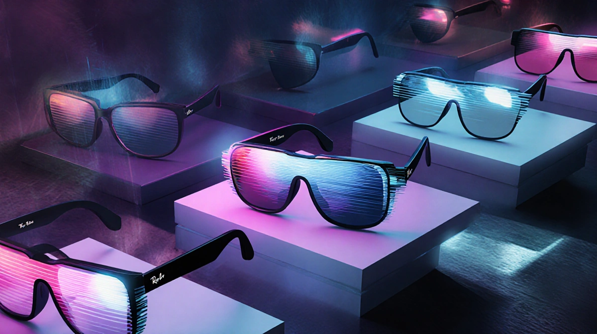 Smart glasses display showcases multiple futuristic pairs with AR overlay and innovative minimalist designs.